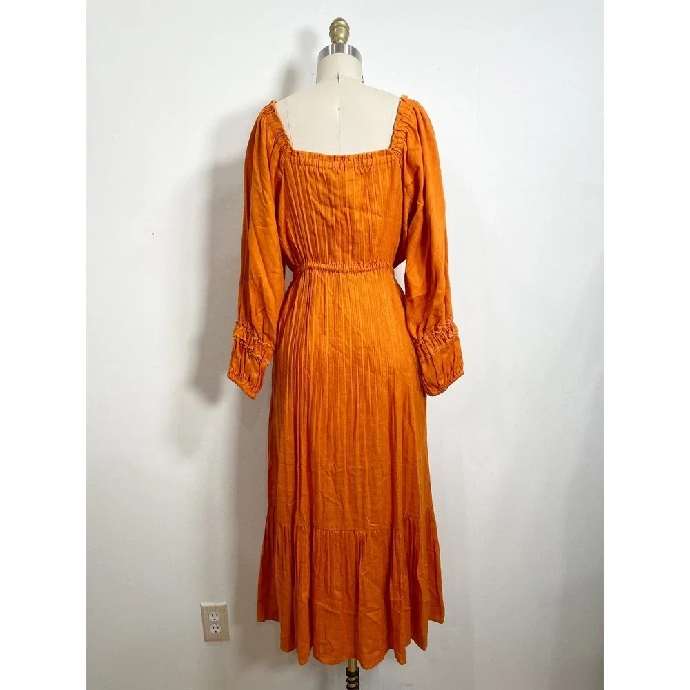 Nicholas 6 S Pleated Prairie Dress Deep Orange Linen Puff Sleeve Midi Ruffle New - Picture 3 of 8